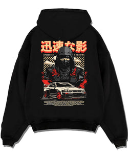 Black pullover hoodie laid flat on a white background, featuring Nissan SKYLINE r34 ninja drift jdm japanese street speed graphic.