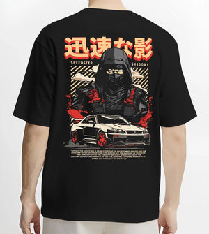 Black T-shirt worn by a male model, back view, featuring Nissan SKYLINE r34 ninja drift jdm japanese street speed graphic.