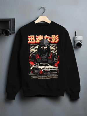 Black crewneck sweatshirt on a hanger against a grey wall, featuring Nissan SKYLINE r34 ninja drift jdm japanese street graphic.