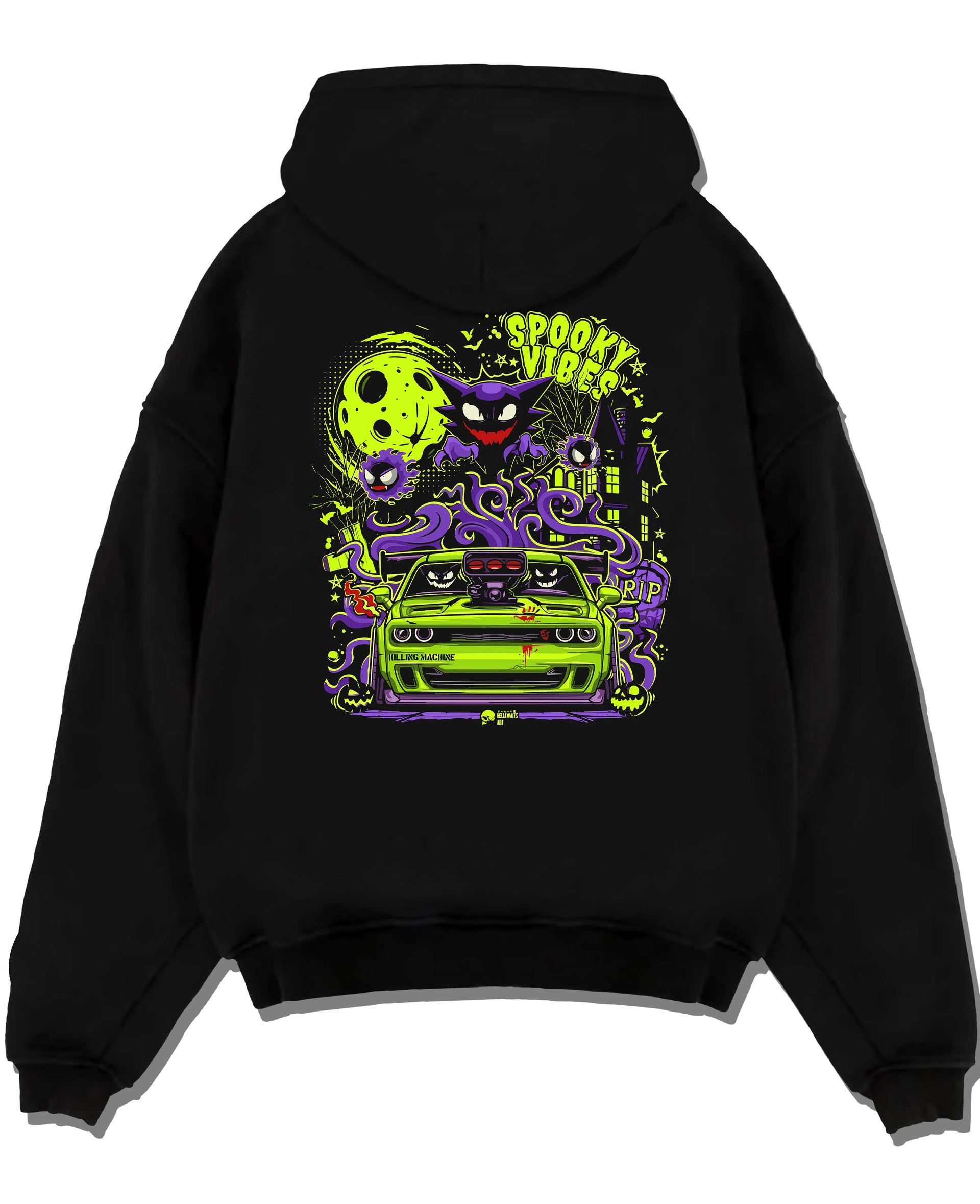 Black pullover hoodie laid flat on a white background, featuring jdm street racing performance motorsport automotive graphic.