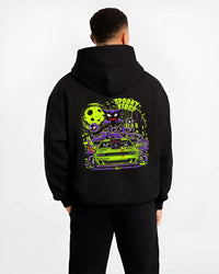 Black hoodie worn by a male model, back view, featuring jdm street racing performance motorsport automotive enthusiast graphic.