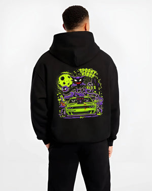 Black hoodie worn by a male model, back view, featuring jdm street racing performance motorsport automotive enthusiast graphic.