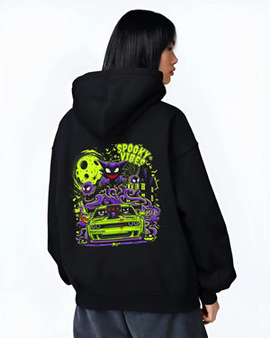 Black hoodie worn by a female model, back view, featuring jdm street racing performance motorsport automotive enthusiast graphic.