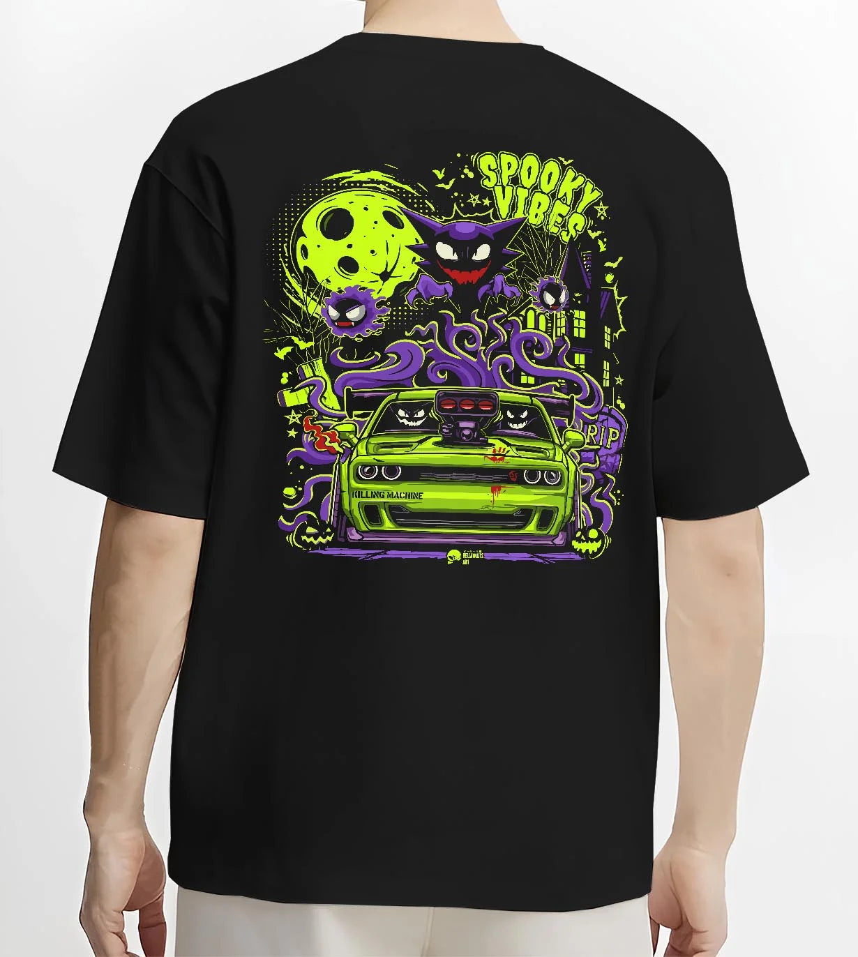 Black T-shirt worn by a male model, back view, featuring jdm street racing performance motorsport automotive enthusiast graphic.