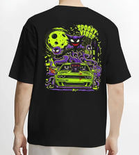 Black T-shirt worn by a male model, back view, featuring jdm street racing performance motorsport automotive enthusiast graphic.