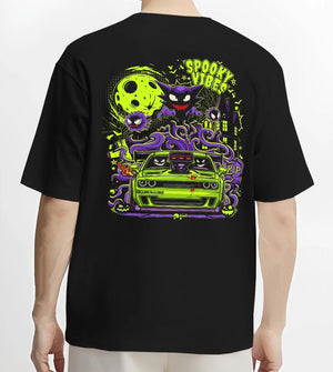 Black T-shirt worn by a male model, back view, featuring jdm street racing performance motorsport automotive enthusiast graphic.