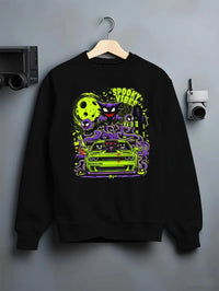 Black crewneck sweatshirt on a hanger against a grey wall, featuring jdm street racing performance motorsport automotive graphic.