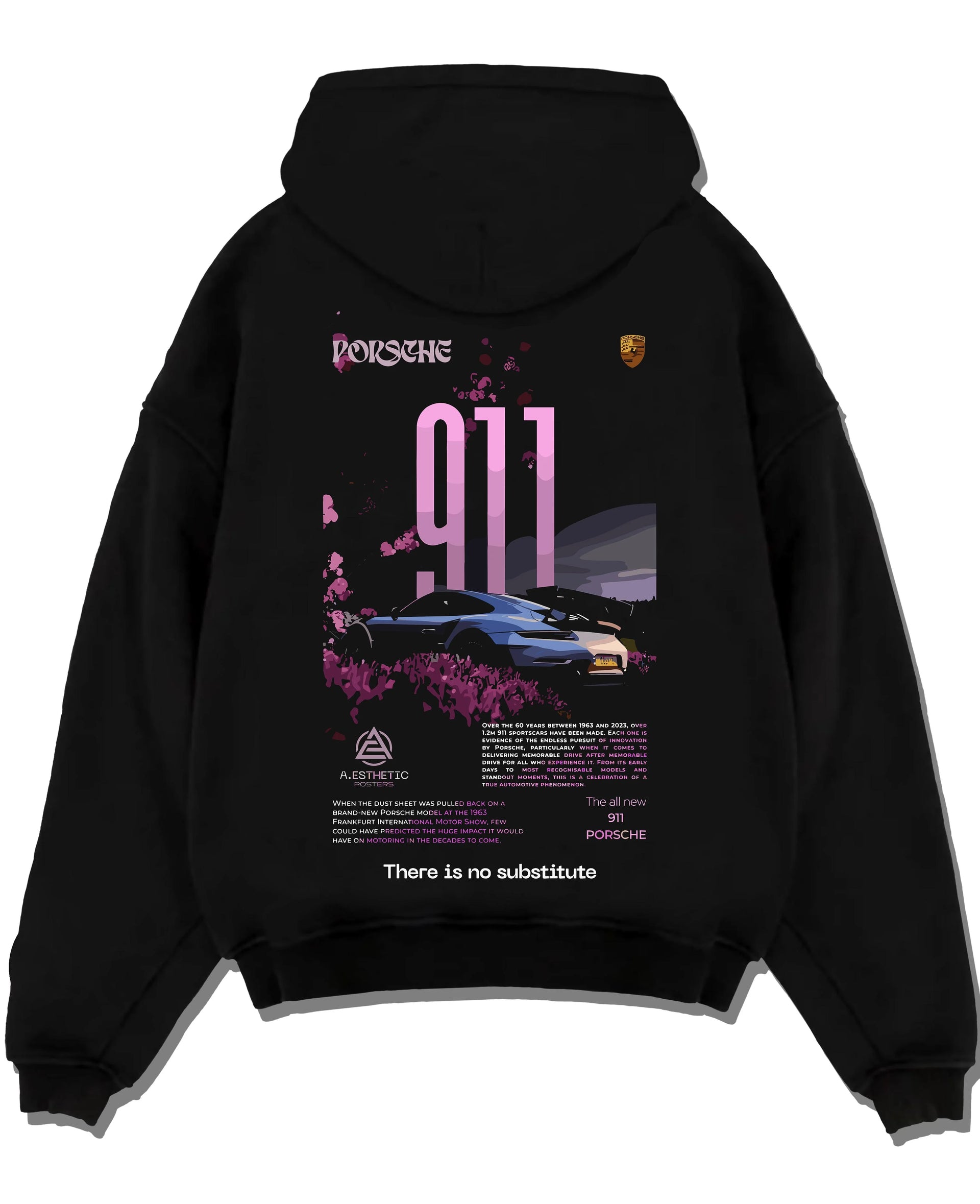 Black pullover hoodie laid flat on a white background, featuring Porsche 911 Turbo rs 911 turbo racing classic street graphic.