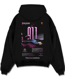 Black pullover hoodie laid flat on a white background, featuring Porsche 911 Turbo rs 911 turbo racing classic street graphic.