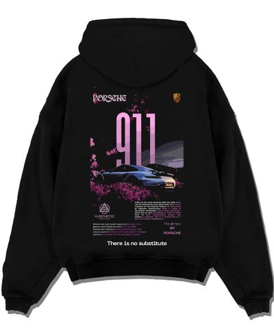 Black pullover hoodie laid flat on a white background, featuring Porsche 911 Turbo rs 911 turbo racing classic street graphic.