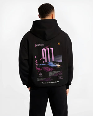 Black hoodie worn by a male model, back view, featuring Porsche 911 Turbo rs 911 turbo racing classic street graphic.