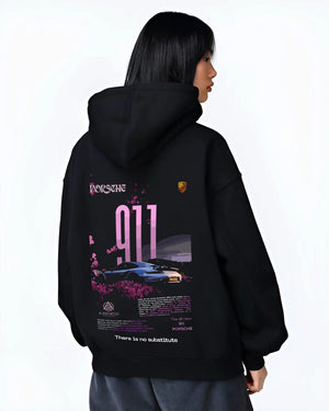 Black hoodie worn by a female model, back view, featuring Porsche 911 Turbo rs 911 turbo racing classic street graphic.