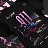 Black T-shirt laid flat with natural fabric folds, featuring Porsche 911 Turbo rs 911 turbo racing classic street graphic.