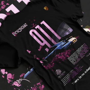 Black T-shirt laid flat with natural fabric folds, featuring Porsche 911 Turbo rs 911 turbo racing classic street graphic.