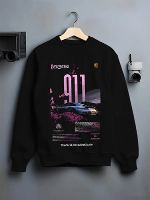 Black crewneck sweatshirt on a hanger against a grey wall, featuring Porsche 911 Turbo rs 911 turbo racing classic street graphic.