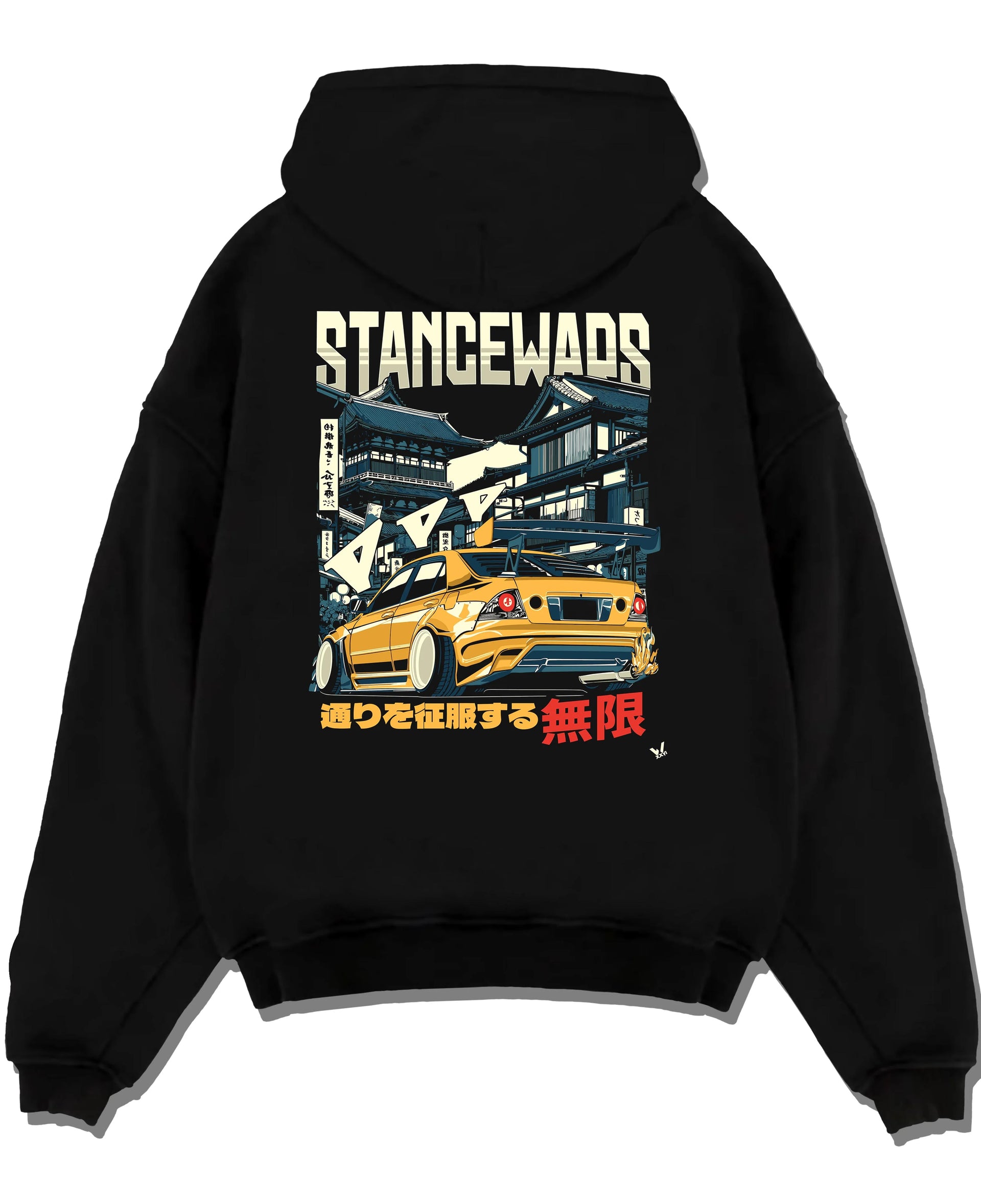 Black pullover hoodie laid flat on a white background, featuring drift jdm tuner stance slammed stanced racing street graphic.