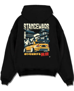 Black pullover hoodie laid flat on a white background, featuring drift jdm tuner stance slammed stanced racing street graphic.