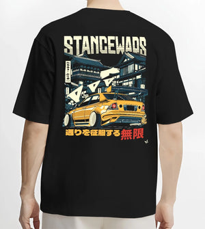 Black T-shirt worn by a male model, back view, featuring drift jdm tuner stance slammed stanced racing street graphic.