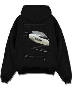 Black pullover hoodie laid flat on a white background, featuring rs turbo racing track street enthusiast performance graphic.