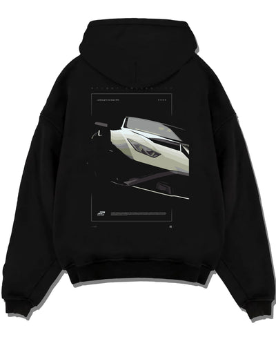 Black pullover hoodie laid flat on a white background, featuring rs turbo racing track street enthusiast performance graphic.