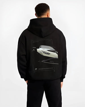 Black hoodie worn by a male model, back view, featuring rs turbo racing track street enthusiast performance motorsport graphic.
