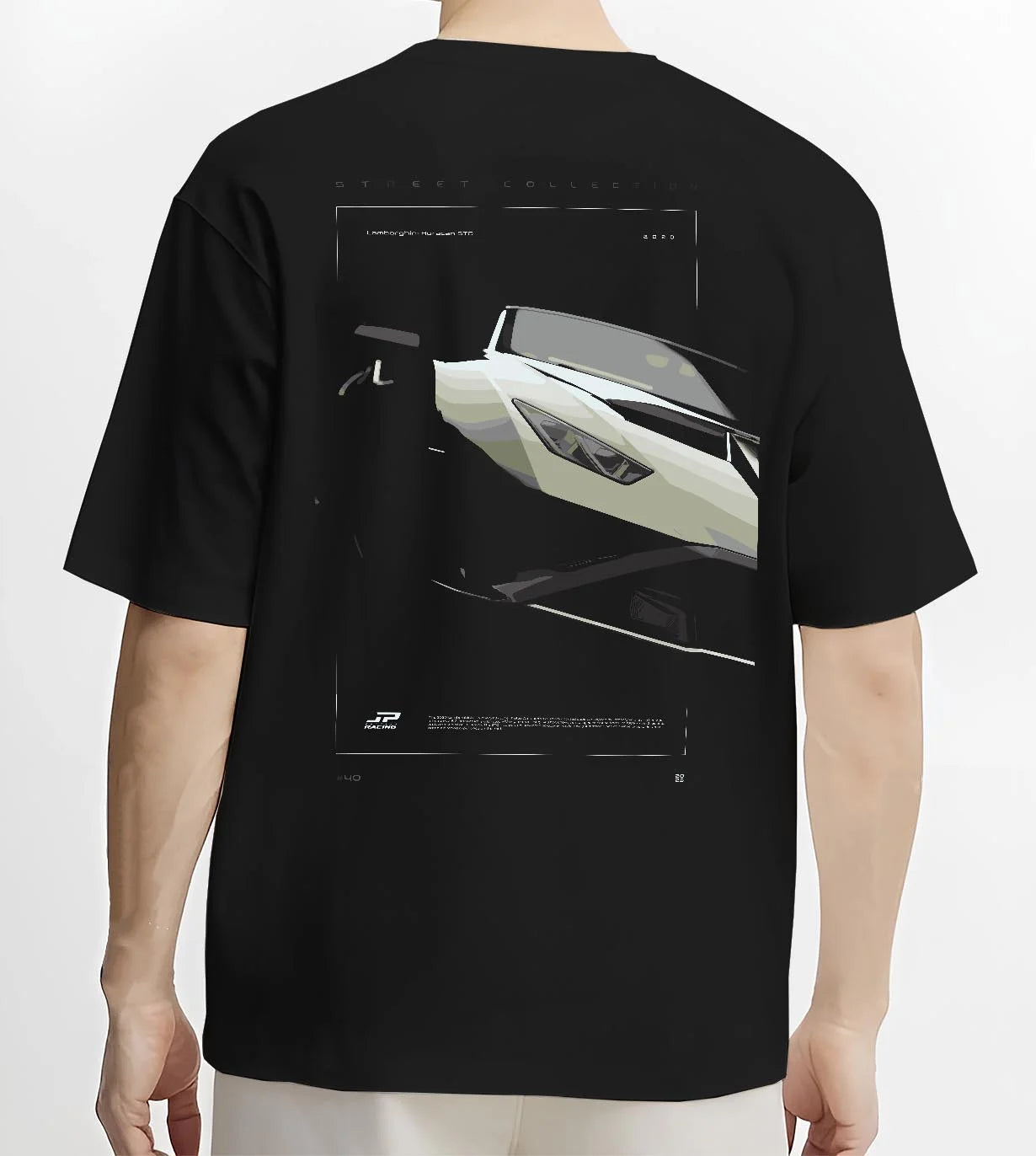 Black T-shirt worn by a male model, back view, featuring rs turbo racing track street enthusiast performance motorsport graphic.