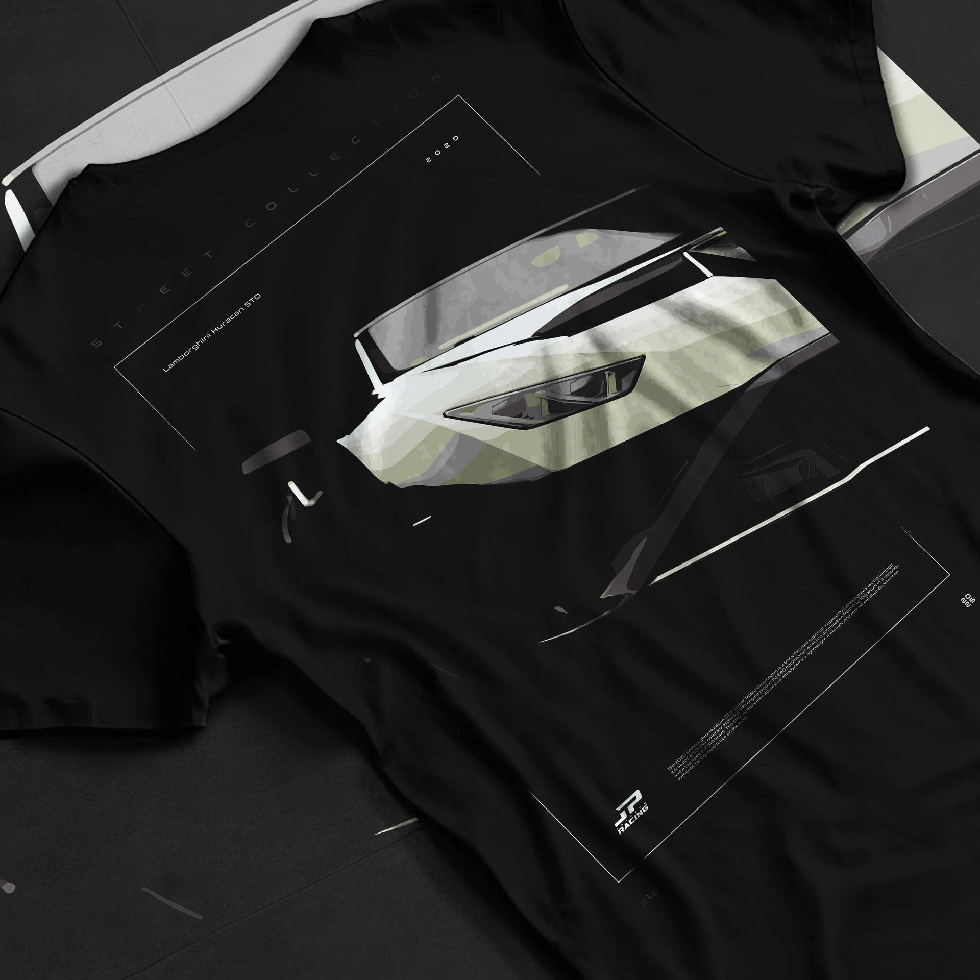 Black T-shirt laid flat with natural fabric folds, featuring rs turbo racing track street enthusiast performance motorsport graphic.