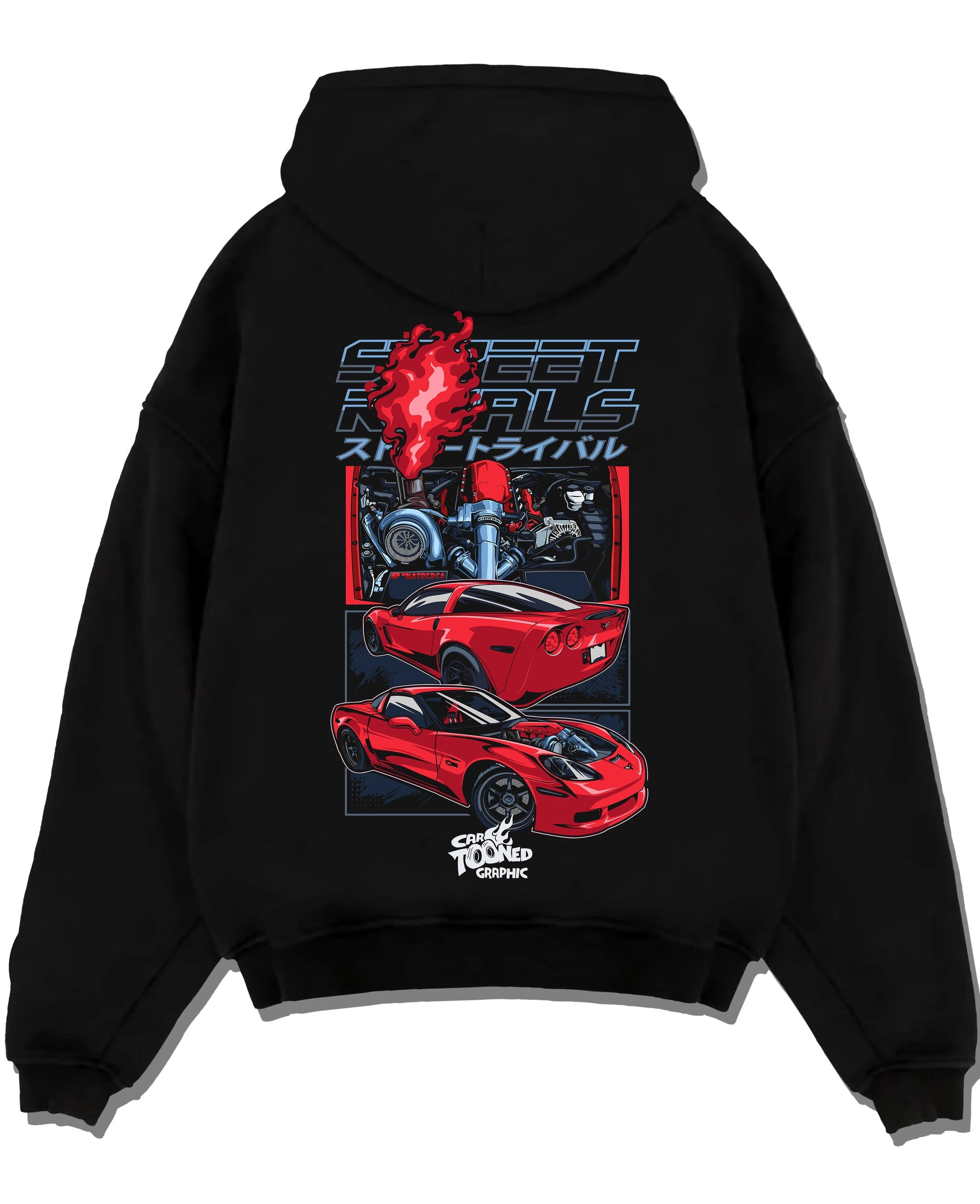 Black pullover hoodie laid flat on a white background, featuring Chevrolet Corvette turbo ls racing street performance graphic.