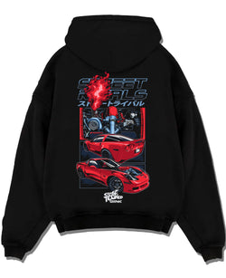 Black pullover hoodie laid flat on a white background, featuring Chevrolet Corvette turbo ls racing street performance graphic.