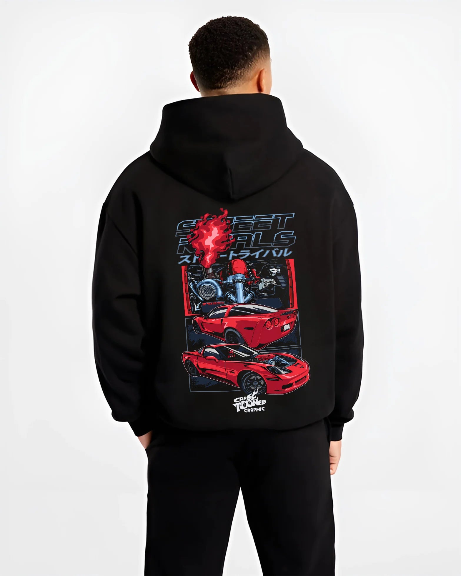 Black hoodie worn by a male model, back view, featuring Chevrolet Corvette turbo ls racing street performance motorsport graphic.