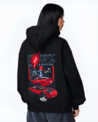 Black hoodie worn by a female model, back view, featuring Chevrolet Corvette turbo ls racing street performance motorsport graphic.