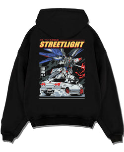 Black pullover hoodie laid flat on a white background, featuring SKYLINE r34 racing drift jdm japanese street performance graphic.