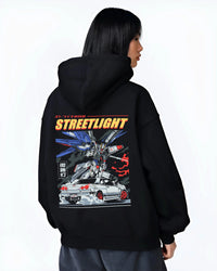 Black hoodie worn by a female model, back view, featuring SKYLINE r34 racing drift jdm japanese street performance graphic.