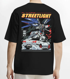 Black T-shirt worn by a male model, back view, featuring SKYLINE r34 racing drift jdm japanese street performance graphic.