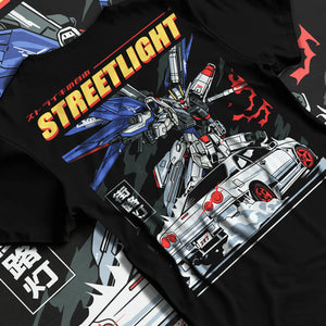 Black T-shirt laid flat with natural fabric folds, featuring SKYLINE r34 racing drift jdm japanese street performance graphic.