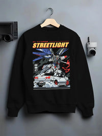 Black crewneck sweatshirt on a hanger against a grey wall, featuring SKYLINE r34 racing drift jdm japanese street graphic.