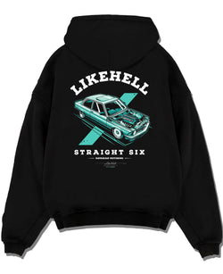 Black pullover hoodie laid flat on a white background, featuring BMW racing drift tuner street enthusiast performance graphic.