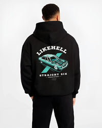 Black hoodie worn by a male model, back view, featuring BMW racing drift tuner street enthusiast performance motorsport graphic.