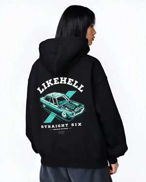 Black hoodie worn by a female model, back view, featuring BMW racing drift tuner street enthusiast performance motorsport graphic.
