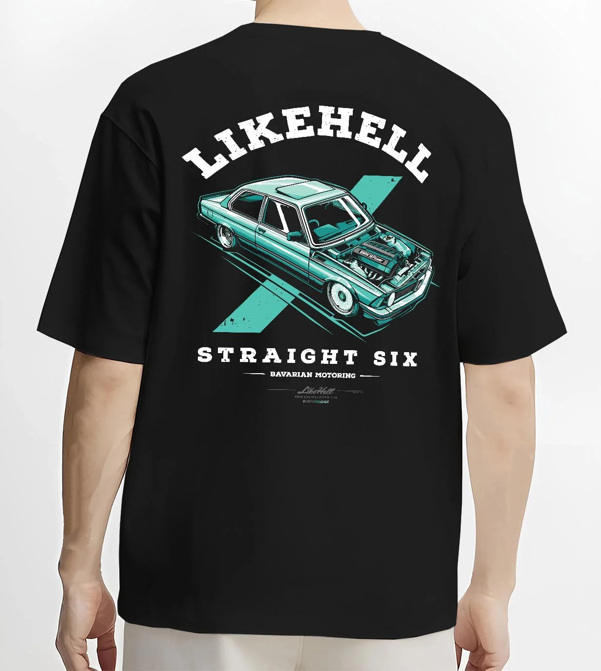 Black T-shirt worn by a male model, back view, featuring BMW racing drift tuner street enthusiast performance motorsport graphic.