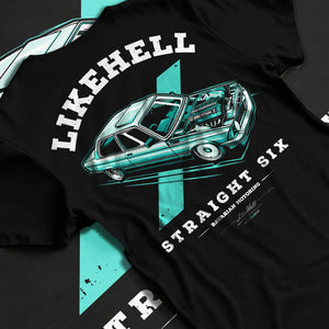 Black T-shirt laid flat with natural fabric folds, featuring BMW racing drift tuner street enthusiast performance graphic.