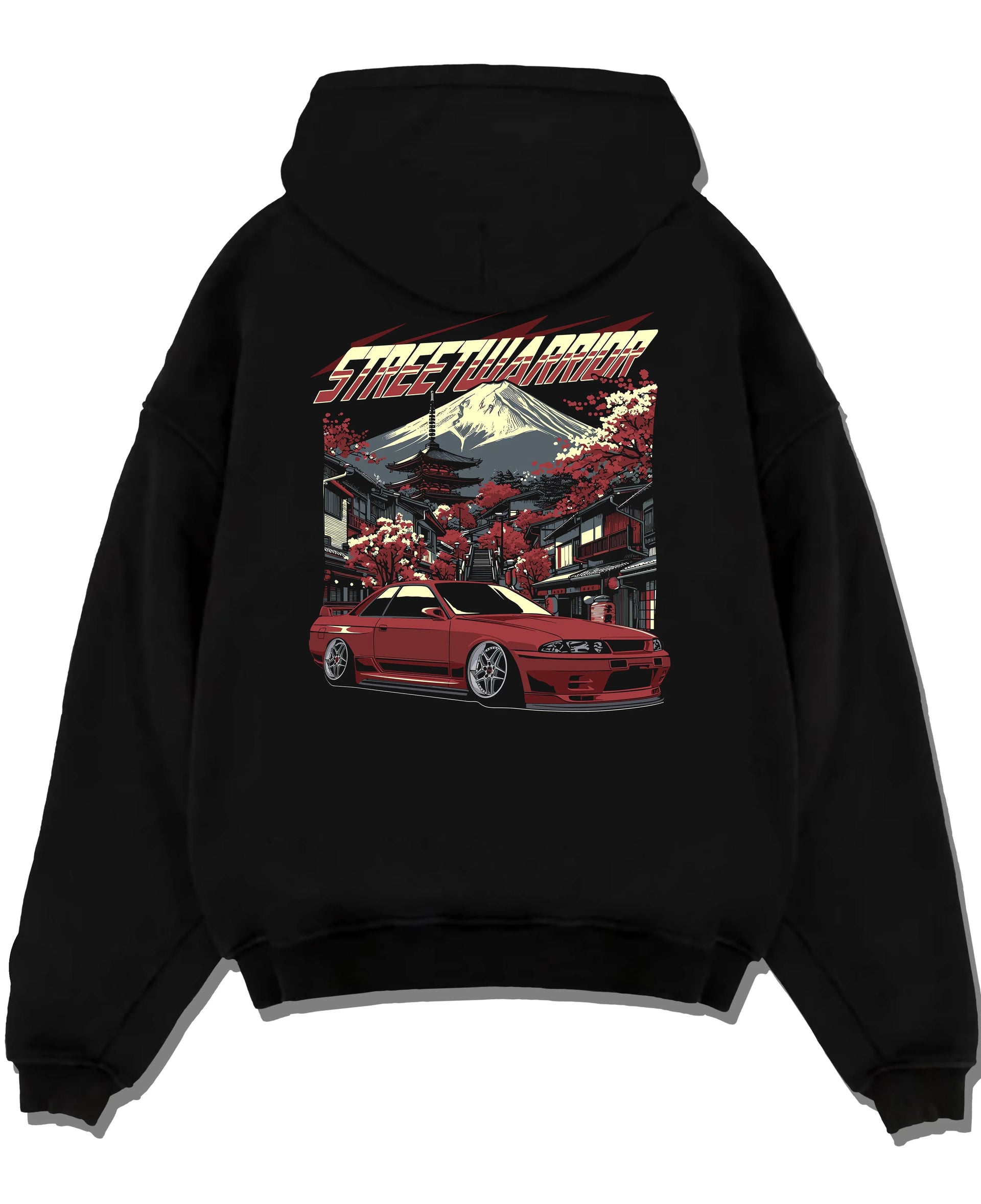 Black pullover hoodie laid flat on a white background, featuring SKYLINE r32 drift jdm street retro racing performance graphic.