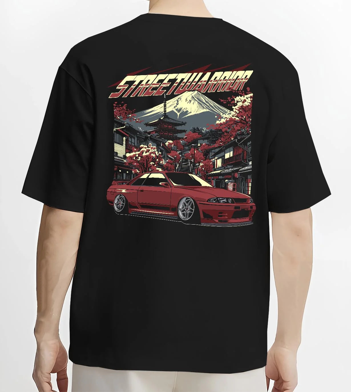 Black T-shirt worn by a male model, back view, featuring SKYLINE r32 drift jdm street retro racing performance graphic.