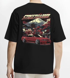 Black T-shirt worn by a male model, back view, featuring SKYLINE r32 drift jdm street retro racing performance graphic.