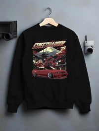 Black crewneck sweatshirt on a hanger against a grey wall, featuring SKYLINE r32 drift jdm street retro racing performance graphic.