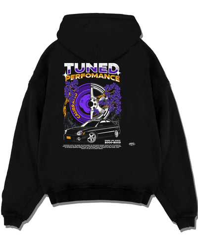 Black pullover hoodie laid flat on a white background, featuring Subaru WRX rally legend racing street performance graphic.