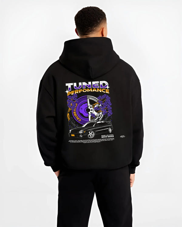 Black hoodie worn by a male model, back view, featuring Subaru WRX rally legend racing street performance motorsport graphic.