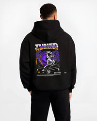 Black hoodie worn by a male model, back view, featuring Subaru WRX rally legend racing street performance motorsport graphic.