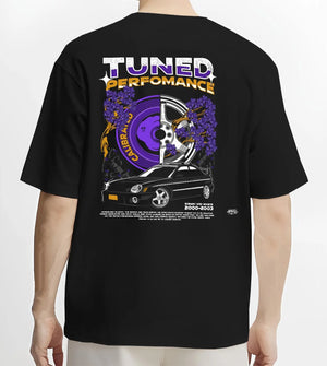 Black T-shirt worn by a male model, back view, featuring Subaru WRX rally legend racing street performance motorsport graphic.