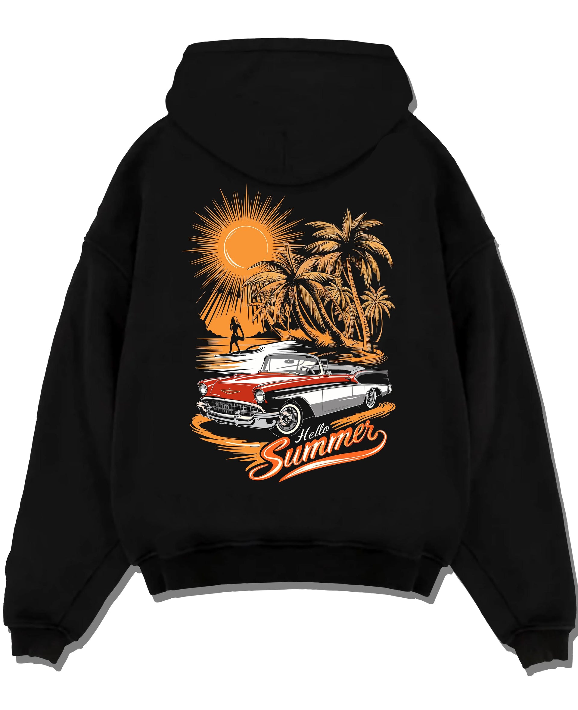 Black pullover hoodie laid flat on a white background, featuring retro vintage classic racing street performance motorsport graphic.